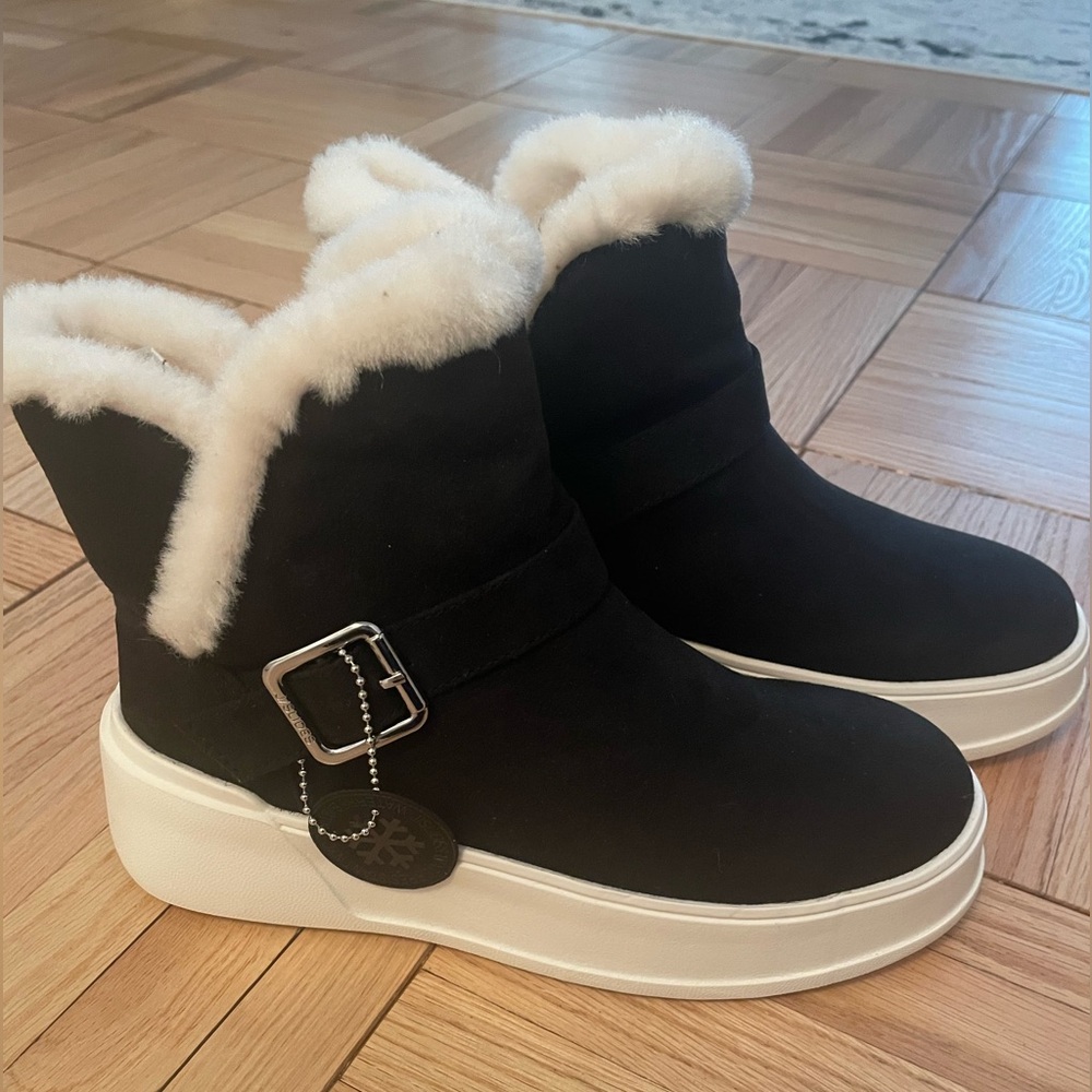 J/SLIDES Suede Black and White Winter  Boots with Faux Fur Lining
